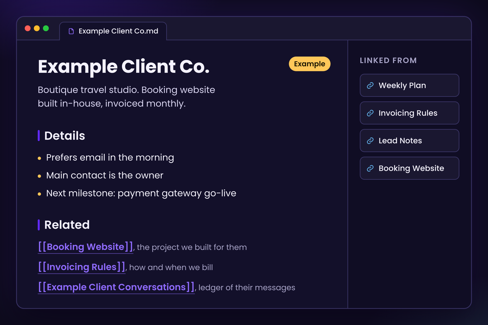 A note page for an example client with details, related links and backlinks